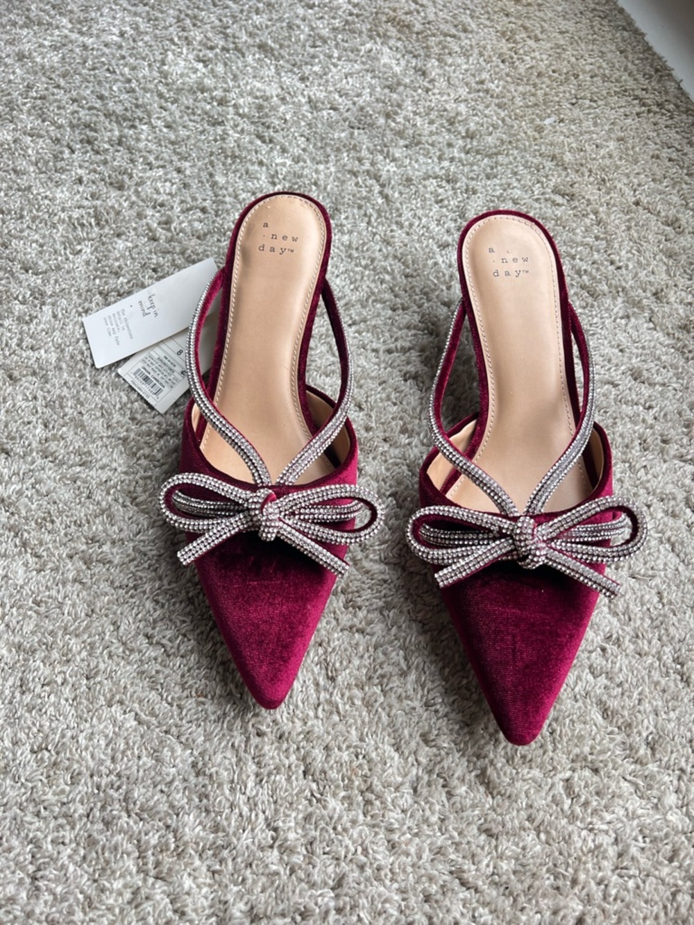 a new day Burgundy Velvet Pointed Toe Slingback Mules with Crystal Bow. Size 8 - Picture 3 of 4